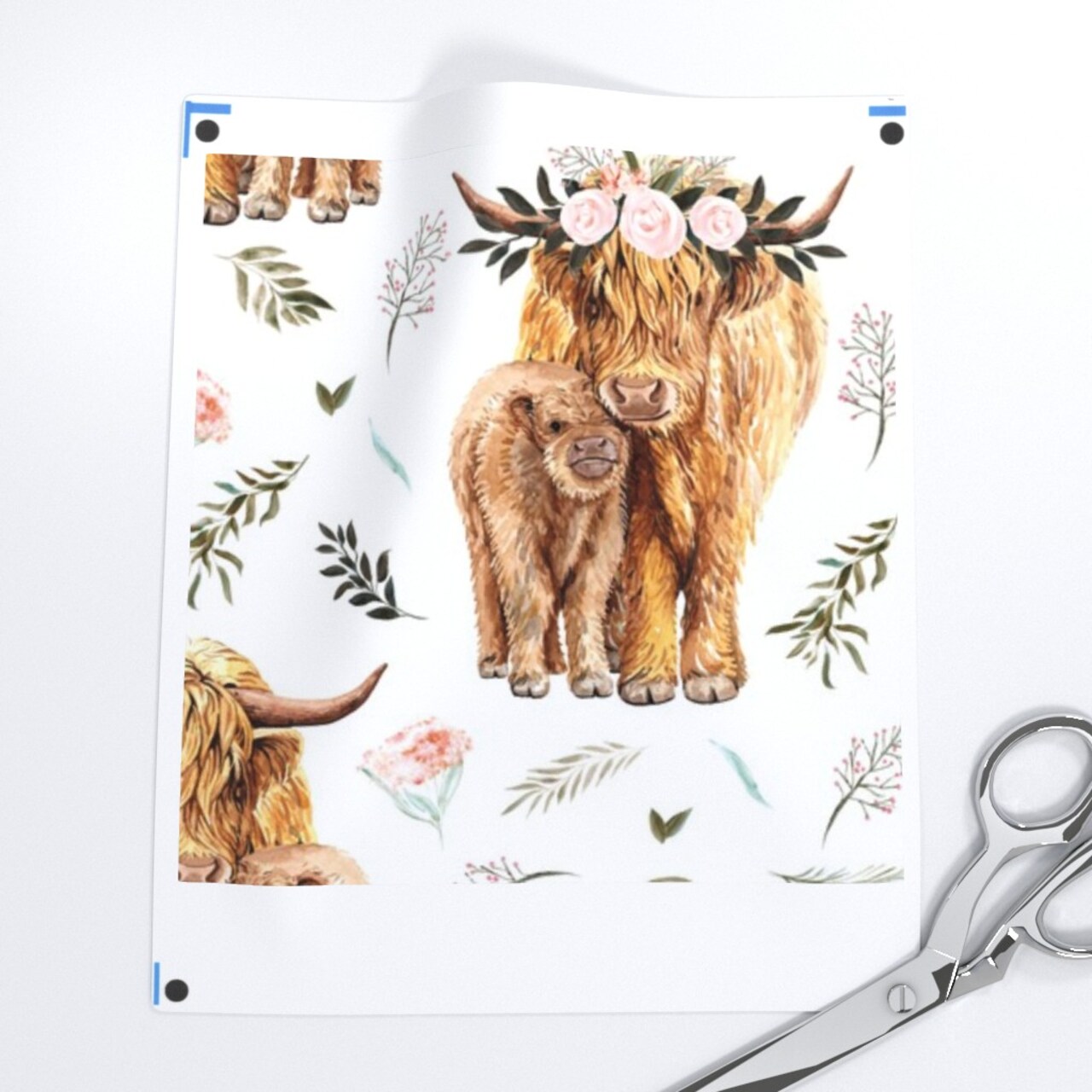 Highland Cow Scottish Shaggy Floral Baby Calf Spring Cattle Custom Printed Fabric by Spoonflower Various Fabrics by the Yard or Fat Quarter